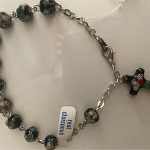 Real Cloisonné Black Floral Bracelet with Cross Charm